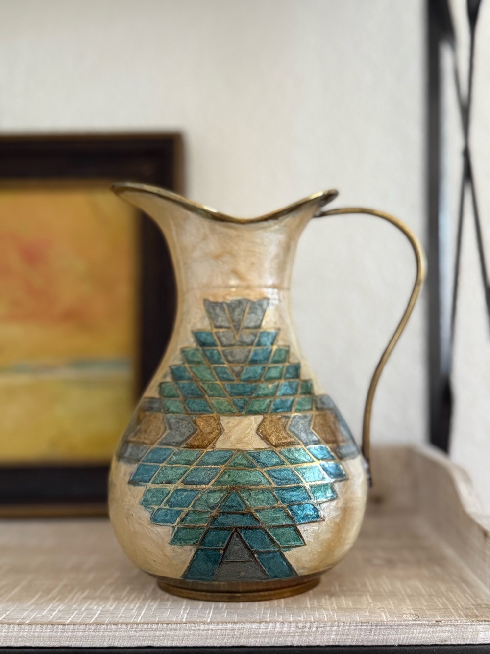 Vintage Brass Turquoise and Gold Geometric Pitcher Vase